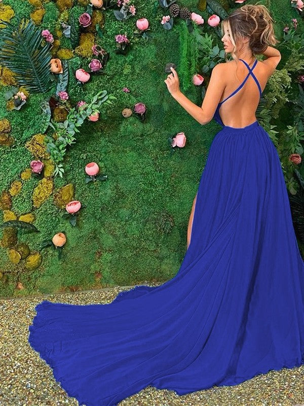Royal Blue Chiffon Halter A-Line Floor-Length Bridesmaid Dress with High Slit