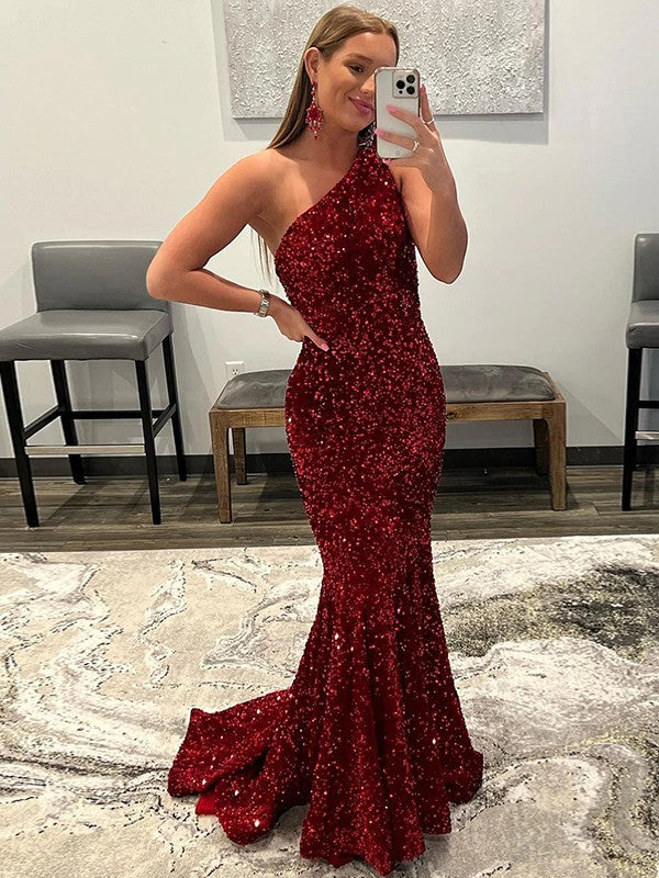 Lilac Sequin Mermaid Floor-Length Dress with One Shoulder Neckline & Back Zip