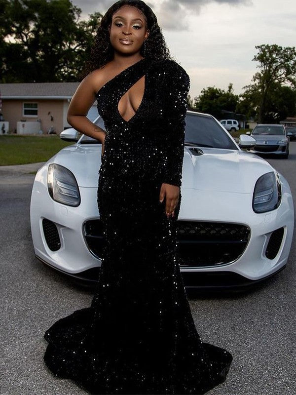 Sheath/Column Sequins Ruched One-Shoulder Long Sleeves Sweep/Brush Train Dresses