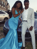 Teal Satin Mermaid Floor-Length Dress with Illusion Neck & Lace Appliques