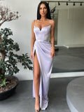 Lavender Satin Sweetheart Sheath Floor-Length Dress with High Slit