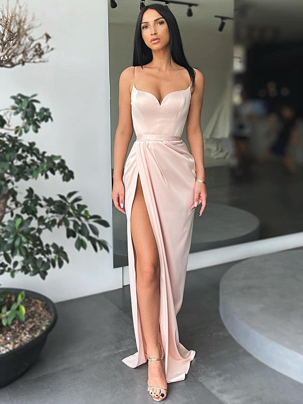 Sheath/Column  Woven Satin Ruched V-neck Sleeveless Sweep/Brush Train Dresses