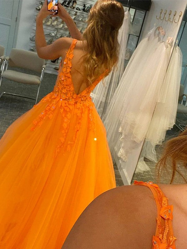 Vestido de fiesta con apliques de tul, escote en V, sin mangas y largo hasta el suelo