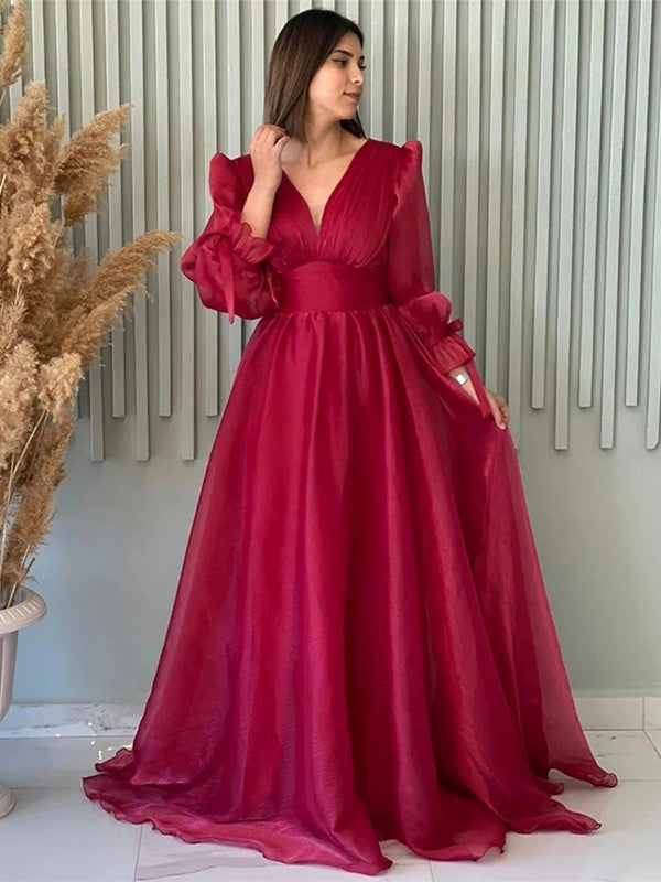 Emerald Satin A-Line Floor-Length V-Neck Dress with Voluminous Sheer Sleeves