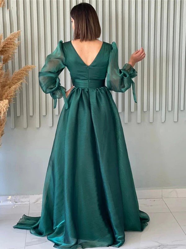 Emerald Satin A-Line Floor-Length V-Neck Dress with Voluminous Sheer Sleeves