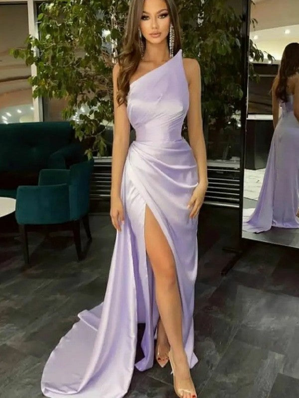 Royal Blue Satin Sheath/column Floor-Length with One Shoulder Neckline & High Slit for Black-Tie & Prom