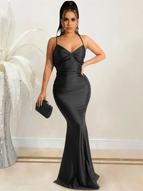 Blushing Pink Satin Mermaid Floor-Length with Twisted Sweetheart Neckline & Criss-Cross Straps