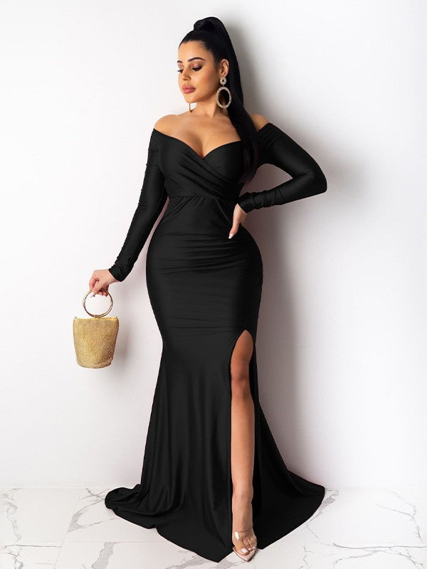 Burgundy Satin Off-the-Shoulder Sheath/column Floor-Length Dress with Draped Bodice & High Slit