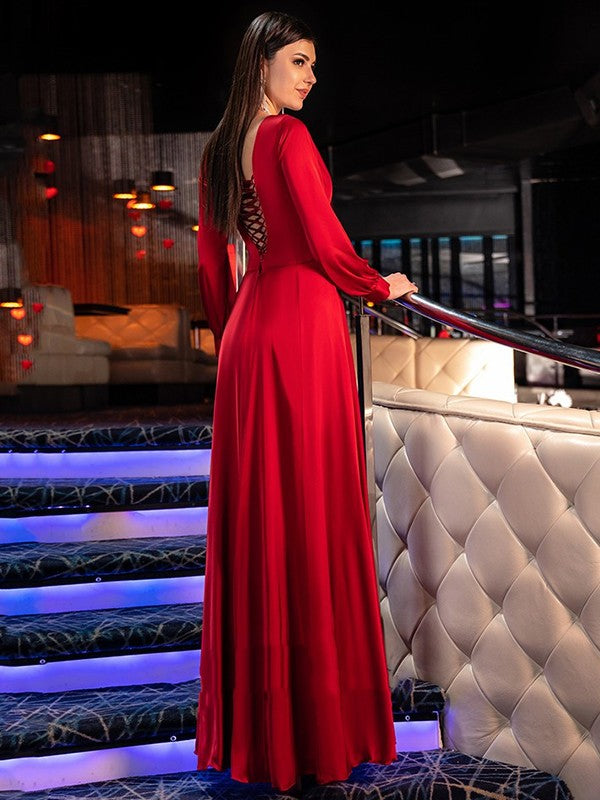 Vestidos de satén de gasa con volantes, escote en V, mangas largas y corte princesa hasta el suelo