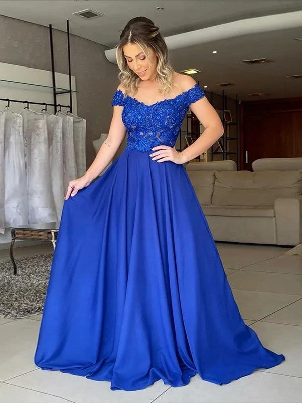 Vestidos de corte A/princesa de satén tejido con apliques, hombros descubiertos, sin mangas y con cola larga