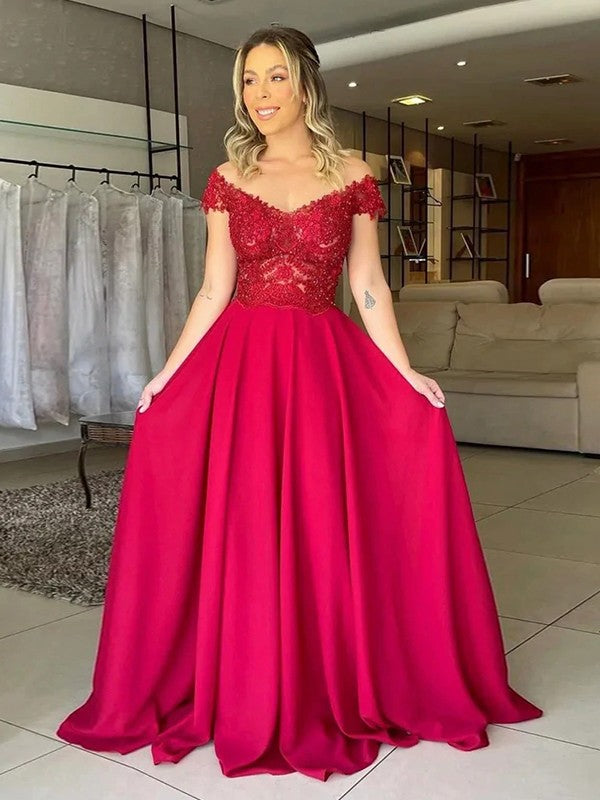 Vestidos de corte A/princesa de satén tejido con apliques, hombros descubiertos, sin mangas y con cola larga