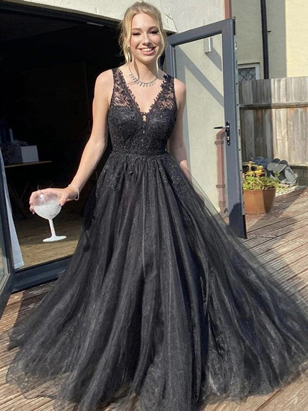 Vestidos de corte A/princesa con apliques de tul, escote en V, sin mangas y cola larga