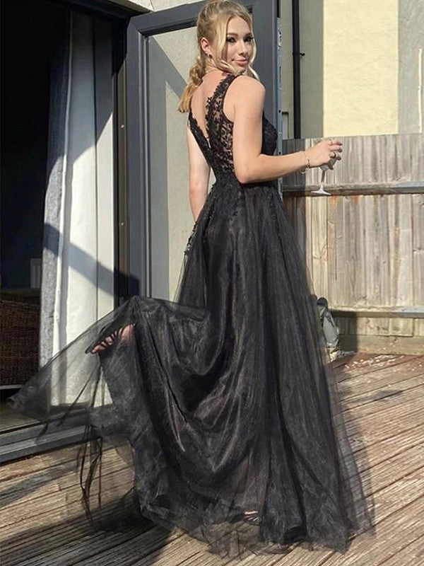 Vestidos de corte A/princesa con apliques de tul, escote en V, sin mangas y cola larga