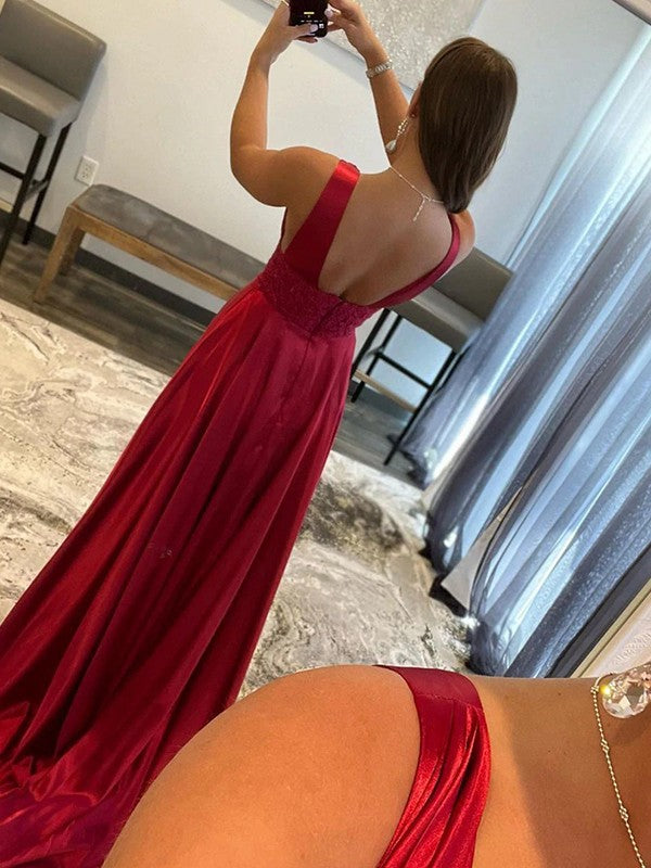 Burgundy Satin A-Line Floor-Length Evening Dress with Plunging V-Neck & High Slit