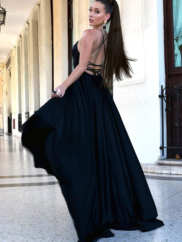 Vestidos de encaje de jersey, tirantes finos, sin mangas, corte A/princesa, con cola larga