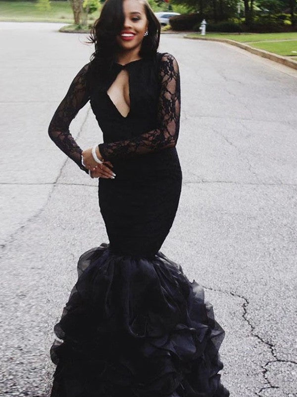 Vestidos largos hasta el suelo con mangas largas y encaje de trompeta/sirena