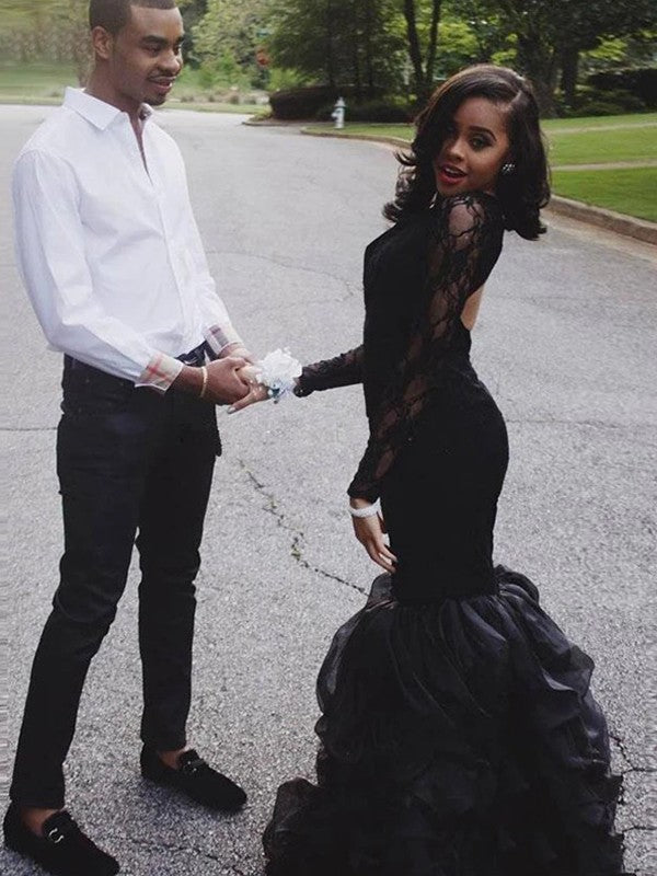 Vestidos largos hasta el suelo con mangas largas y encaje de trompeta/sirena