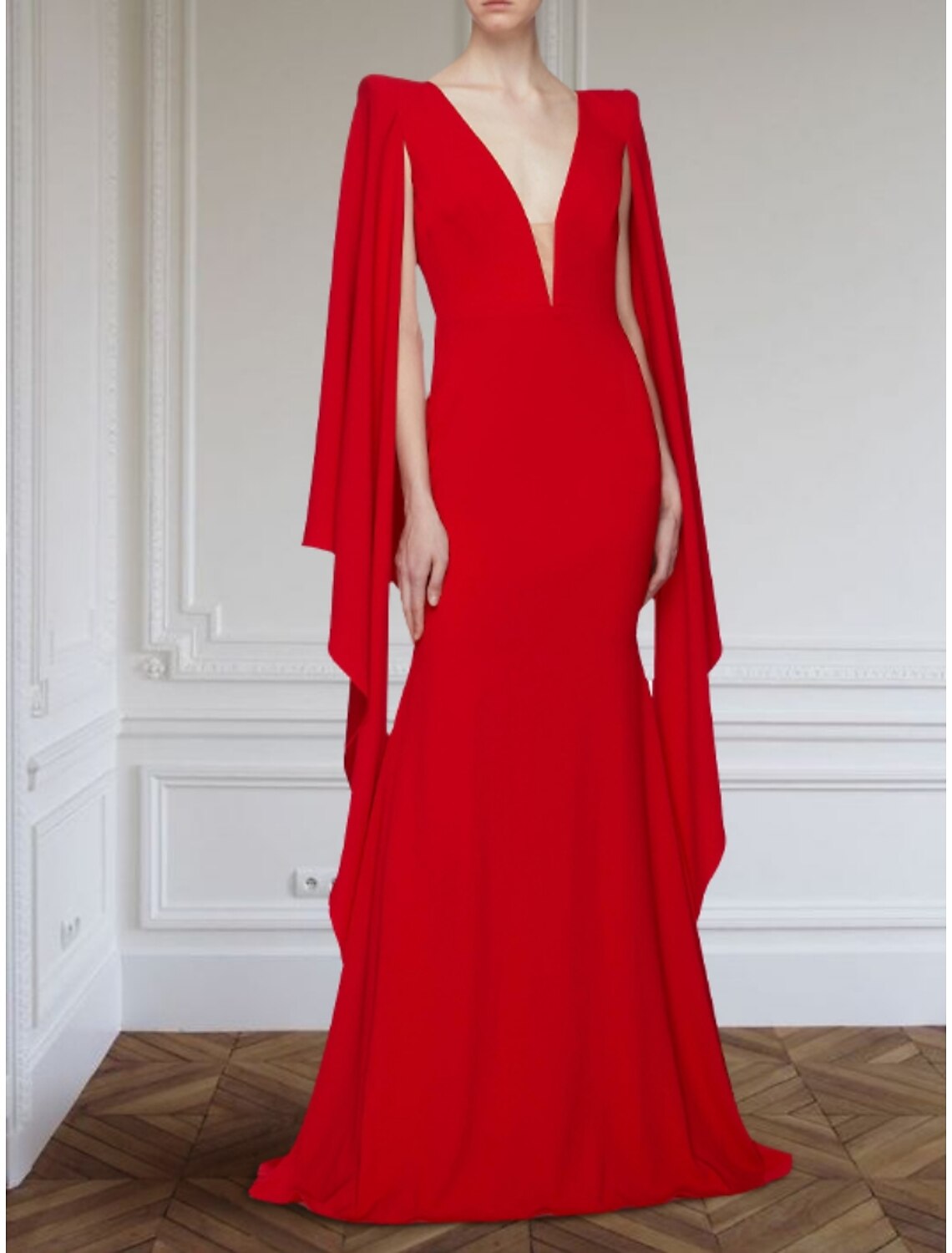 Mermaid / Trumpet Evening Gown Elegant Dress Formal Christmas Sweep / Brush Train Long Sleeve V Neck  Fabric with Pleats