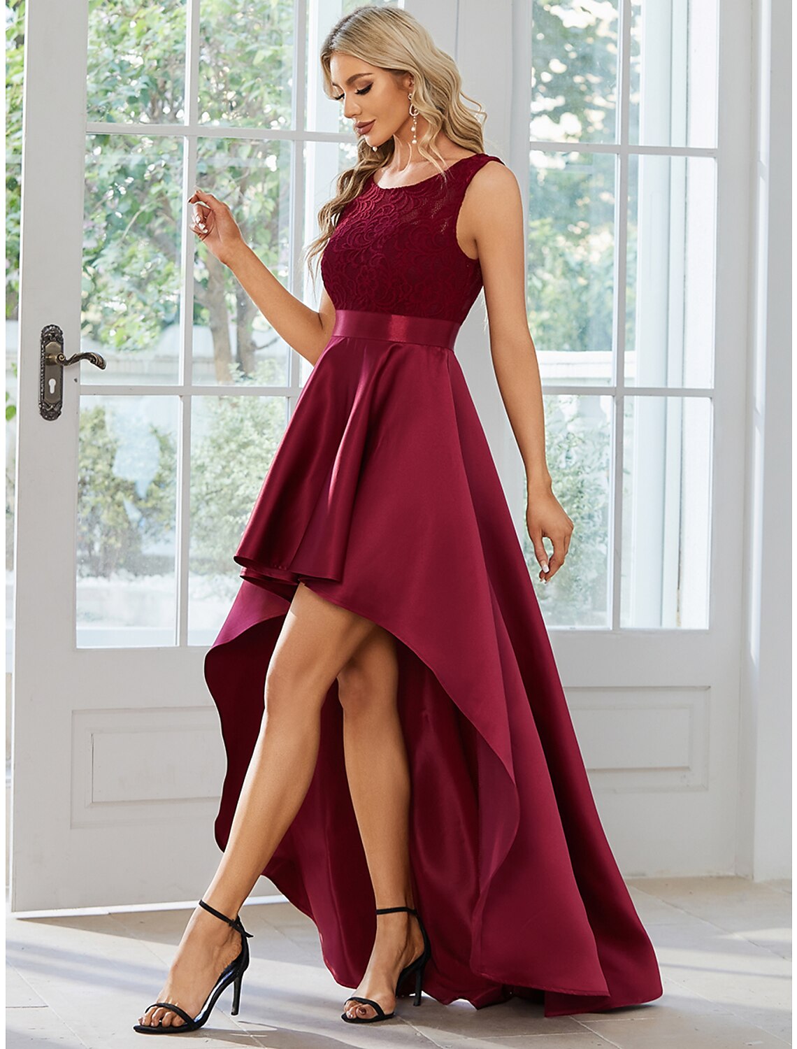 A-Line Wedding Guest Dresses Casual Dress Party Wear Asymmetrical Sleeveless Jewel Neck Satin with Pure Color