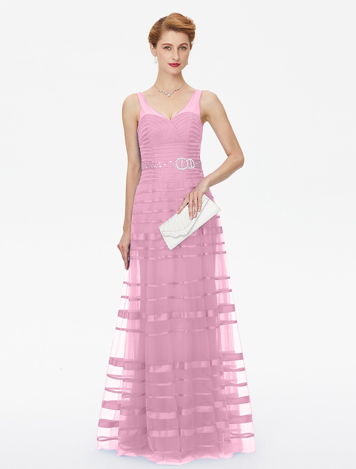 Abito da madre della sposa a trapezio, con spalline scoperte sulla schiena, lunghezza al pavimento, in tulle e raso, senza maniche, con perline