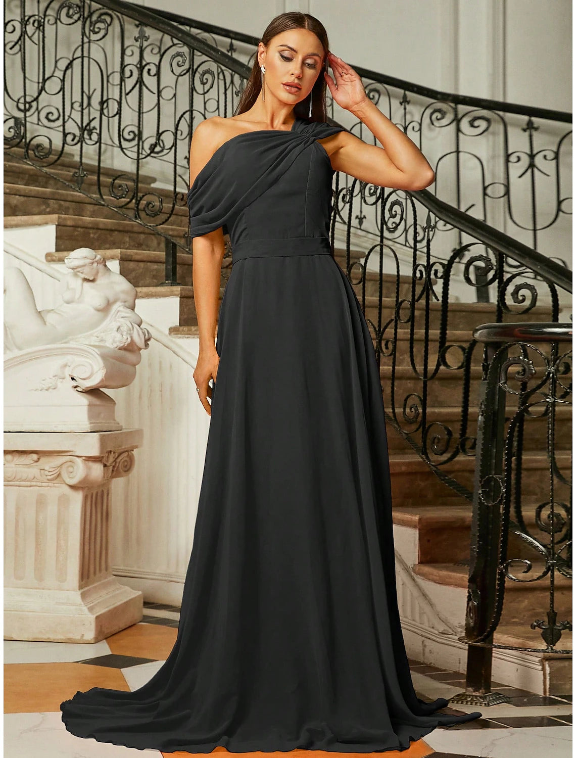 Black One Shoulder Chiffon A-Line Floor-Length Gown