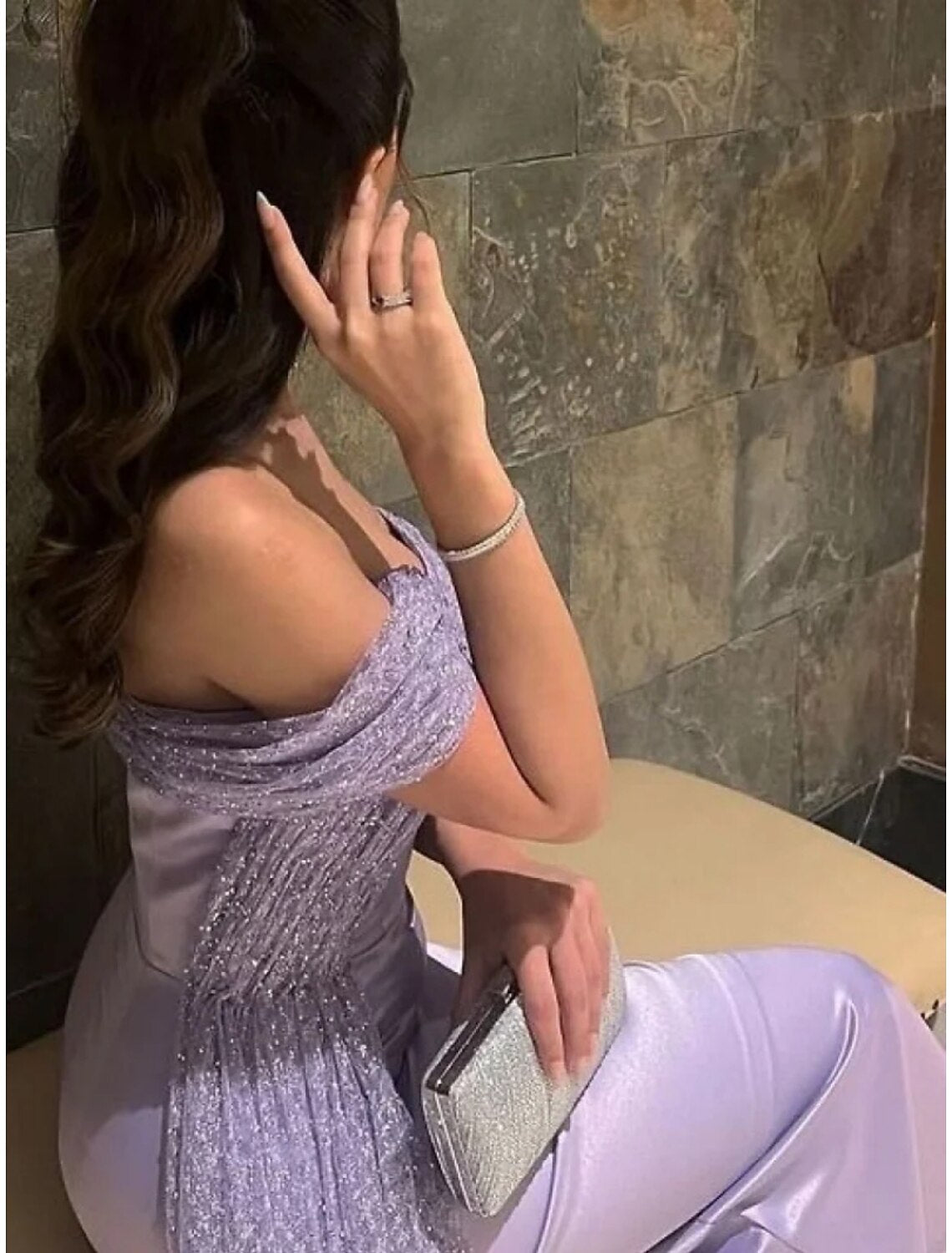 Sheath / Column Evening Gown Elegant Dress Formal Ankle Length Short Sleeve Off Shoulder Satin with Ruched Sequin