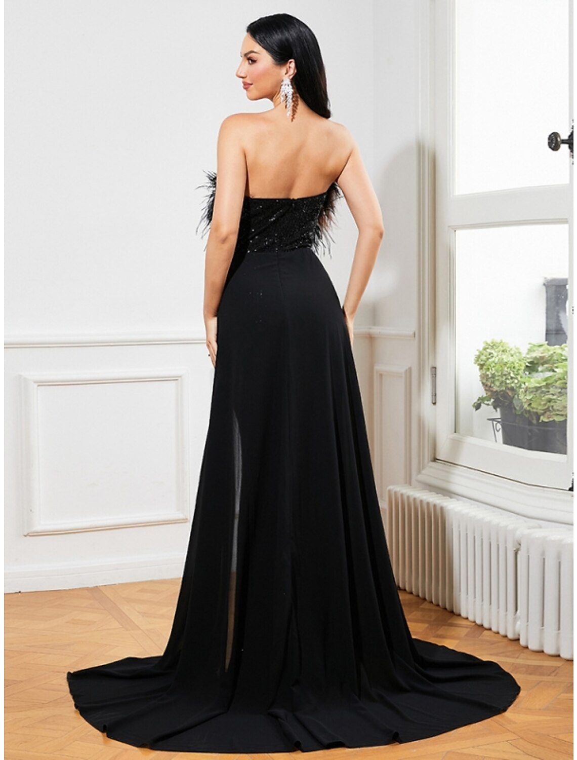 Black Sequin Straight Neck Sheath/Column Floor-Length Evening Dress with Feathered Bust