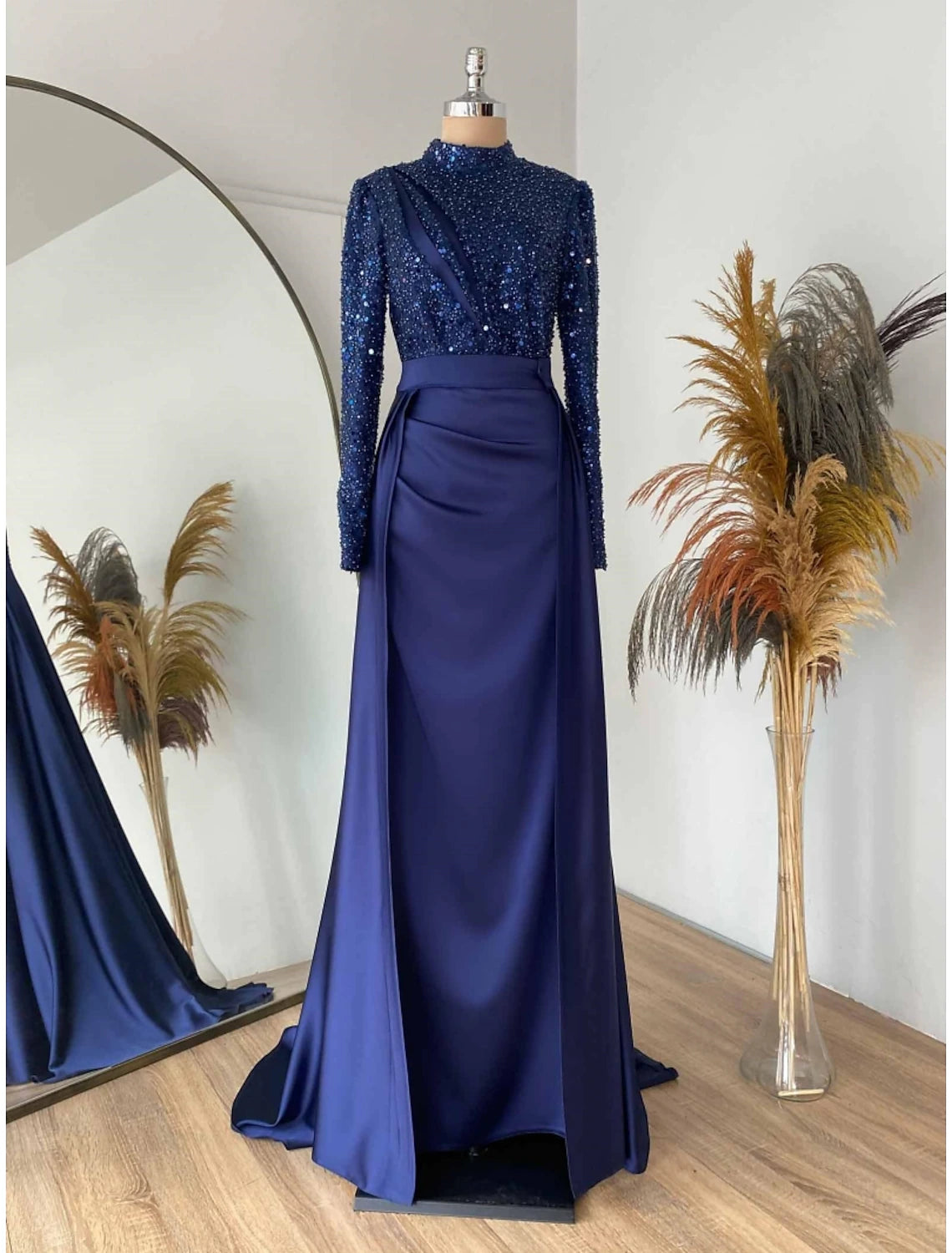 Emerald Sequin High Neck A-Line Floor-Length Gown