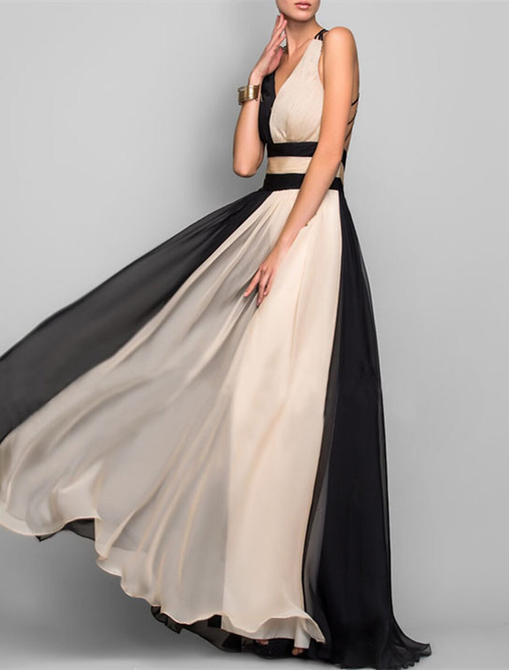 Black & Champagne Color Block Chiffon A-Line Floor-Length Dress with Pleated V-Neck & High Slit
