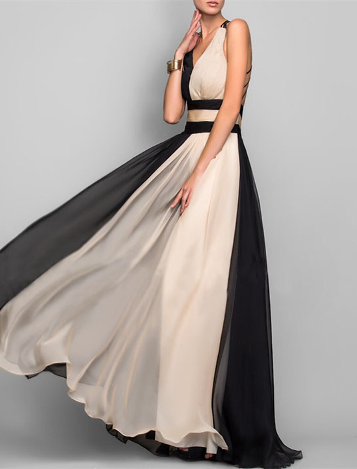 Vestido de noche de corte A con bloques de color, para recepción de boda, largo hasta el suelo, sin mangas, cuello en V, de gasa con fruncido