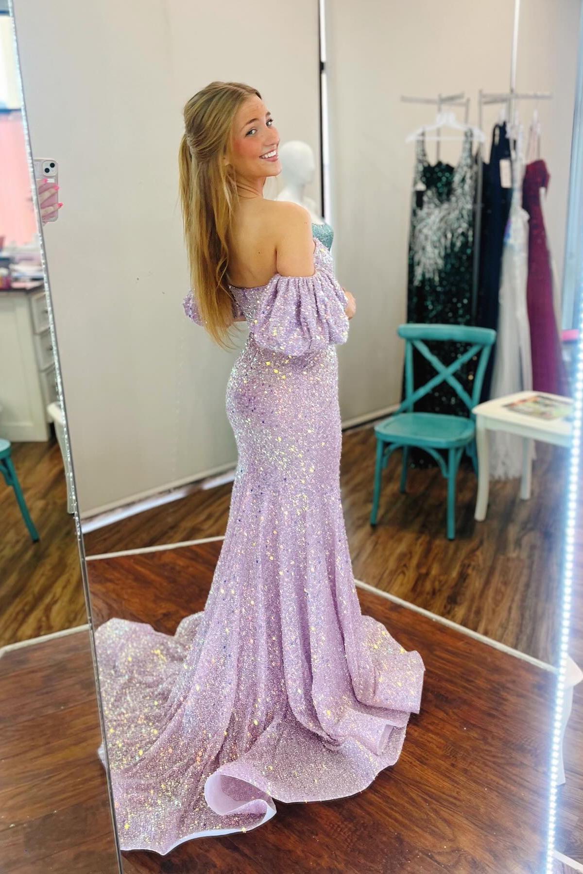Sparkly Lavender Sequin Mermaid Sweetheart Off Shoulder Zipper Back Train Long Prom Dress