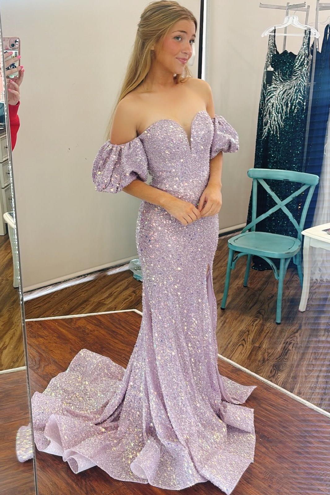 Sparkly Lavender Sequin Mermaid Sweetheart Off Shoulder Zipper Back Train Long Prom Dress