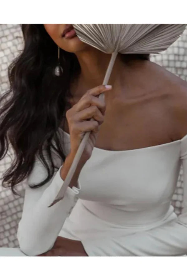 Vestido de novia de ocio en el vestíbulo, vestido de novia de verano minimalista de manga larga con hombros descubiertos