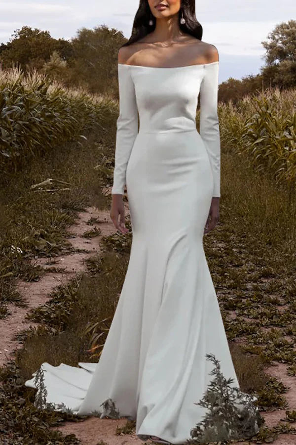 Vestido de novia de ocio en el vestíbulo, vestido de novia de verano minimalista de manga larga con hombros descubiertos