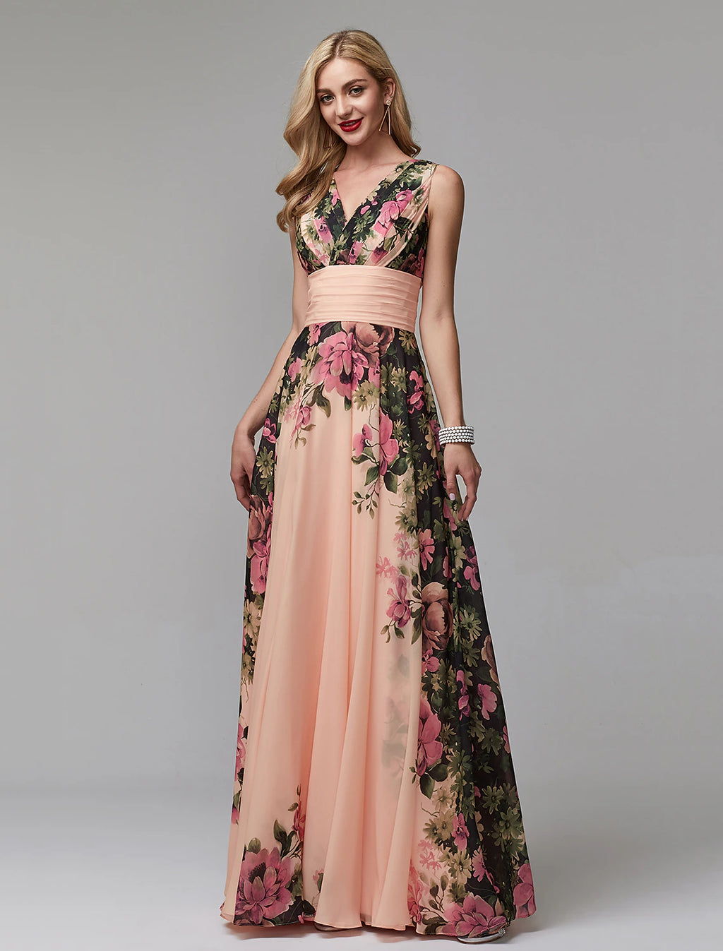 Blushing Pink Floral Chiffon A-Line V-Neck Floor-Length Bridesmaid Dress | Wedding Guest, Prom & Formal Gown