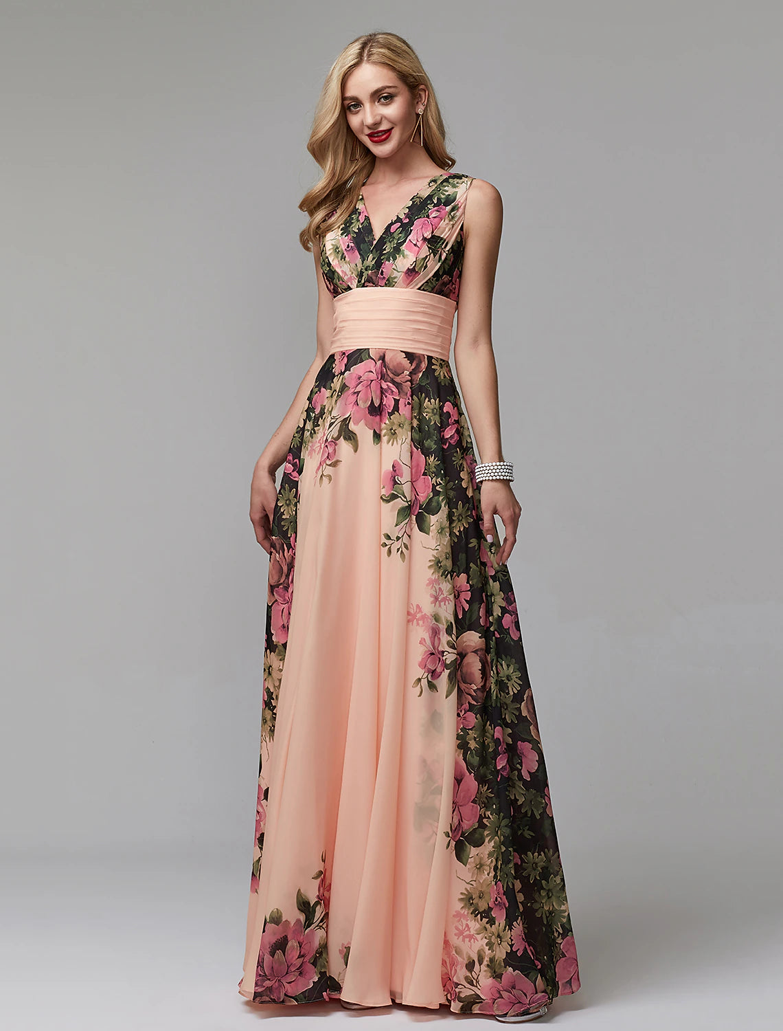 Blushing Pink Floral Chiffon A-Line V-Neck Floor-Length Bridesmaid Dress | Wedding Guest, Prom & Formal Gown
