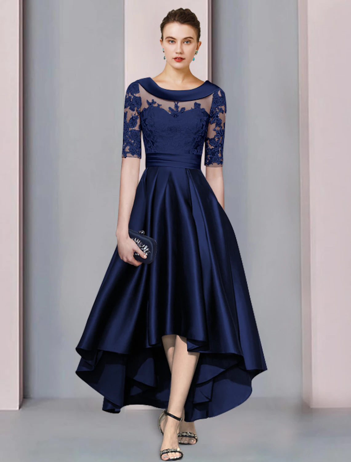 Champagne Satin Asymmetrical A-Line Evening Dress with Illusion Neck