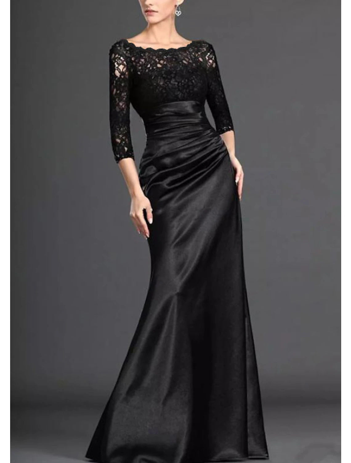 Mermaid / Trumpet Mother of the Bride Dress Elegant Off Shoulder Floor Length Lace  Satin 3/4 Length Sleeve with Pleats Draping