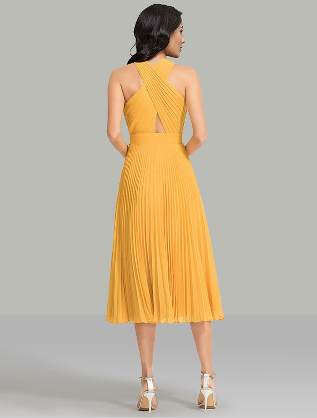 Yellow Chiffon Pleated A-Line Tea-Length Halter Dress