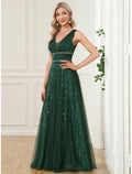 Abiti da ballo a trapezio, eleganti, da festa, lunghi fino al pavimento, senza maniche, scollo a V, paillettes, schiena a V con paillettes