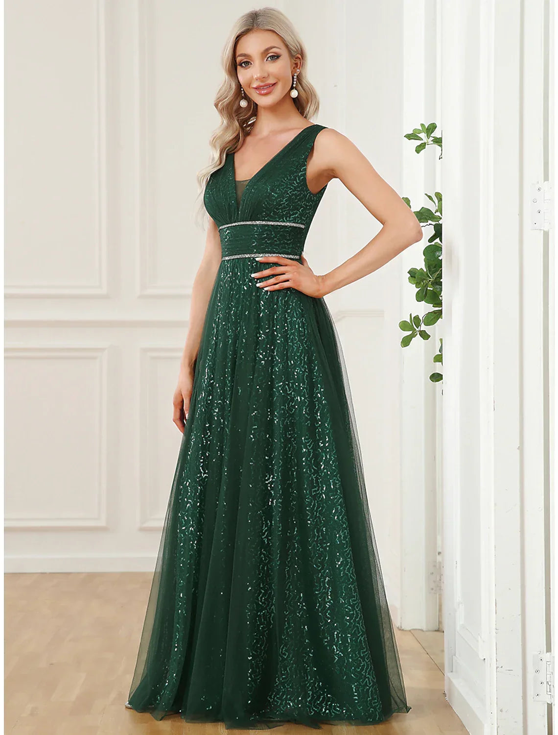 Emerald Chiffon Sequin A-Line V-Neck Floor-Length Evening Dress
