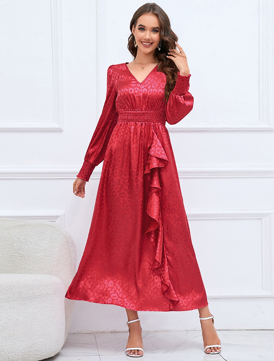 Royal Blue Satin A-Line Tea-Length Dress with Shirred Waist
