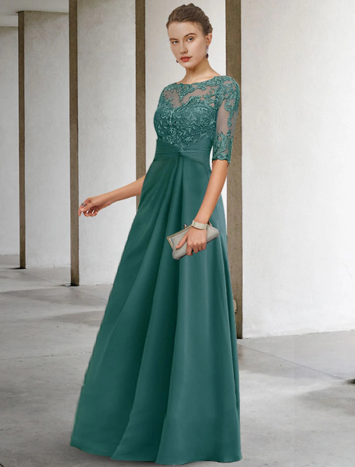 Vestido de madre de la novia con corte tubo/columna, para otoño, para invitadas de boda, talla grande, elegante, cuello joya, largo hasta el suelo, gasa, encaje, manga corta con apliques, drapeado lateral