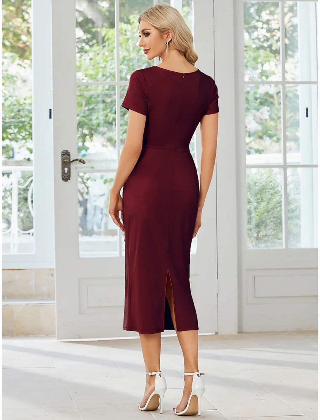 Dark Navy Crepe Sheath/column Midi Dress with V-Neck and Wrap bodice + Tie waist