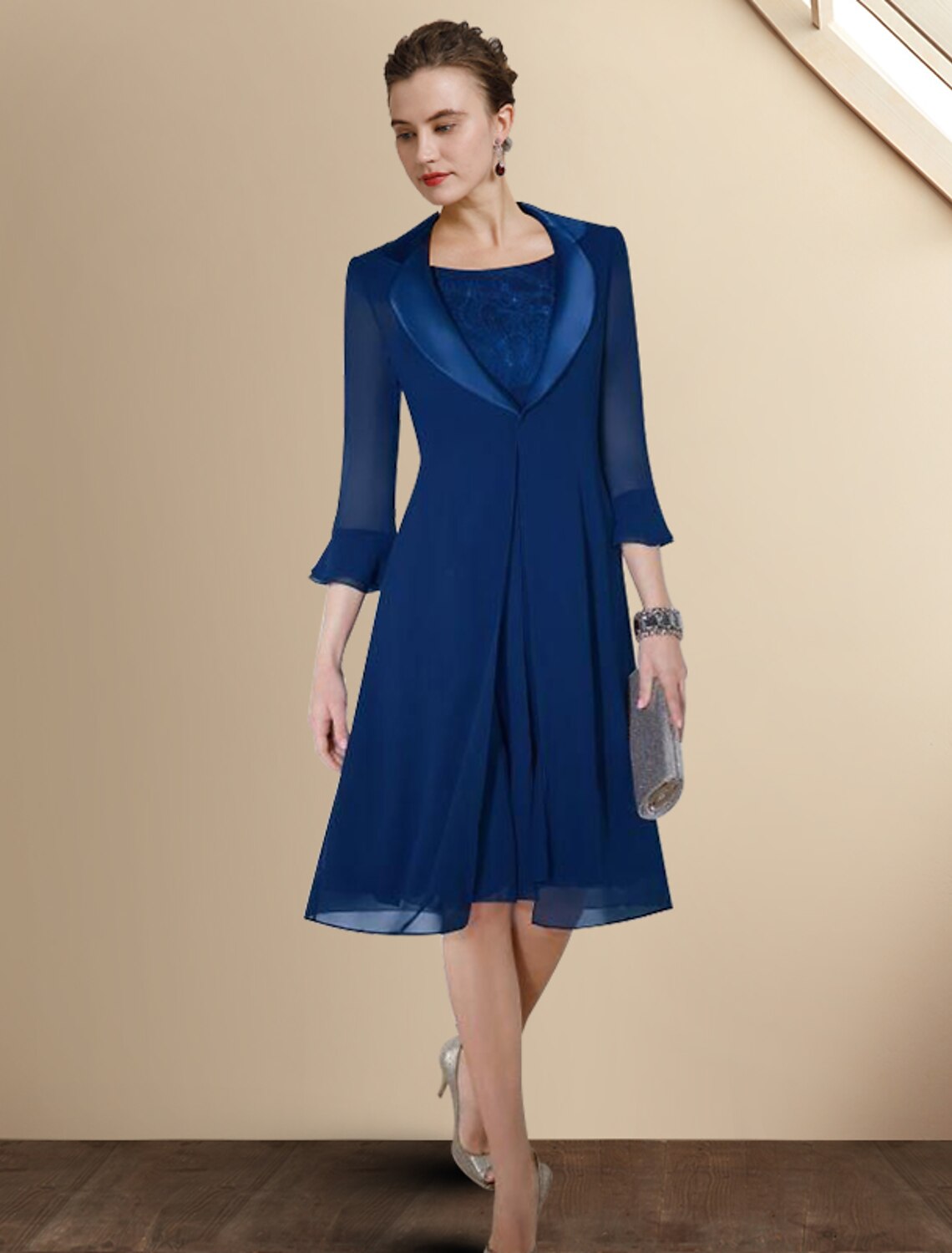 Abito da sposa a trapezio vintage per la madre della sposa, taglie forti, con scollo gioiello, lunghezza al ginocchio, in chiffon, maniche corte, con arricciature