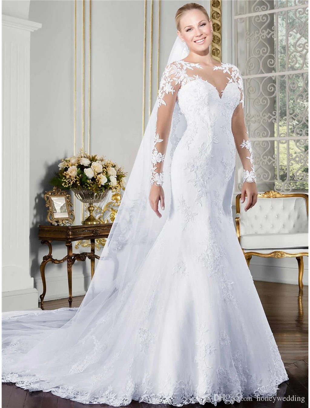 Ivory Lace Mermaid Floor-Length Bridesmaid Dress with Illusion Neck & Long Sleeves