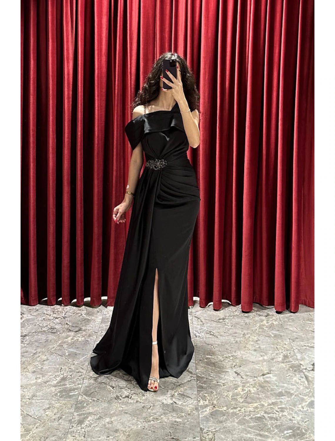 Emerald Satin Off-the-Shoulder Floor-Length Evening Dress