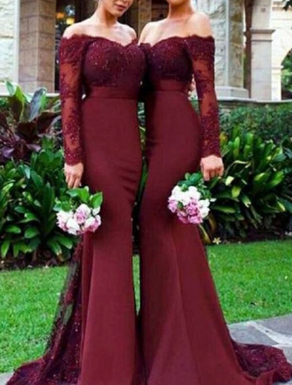 Burgundy Off-the-Shoulder Mermaid Floor-Length Bridesmaid Dress