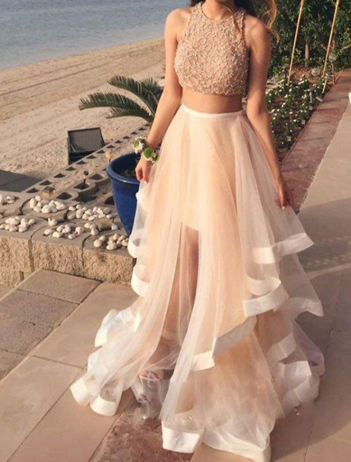 Champagne Sequin A-Line Floor-Length Evening Dress with Halter Crop Top