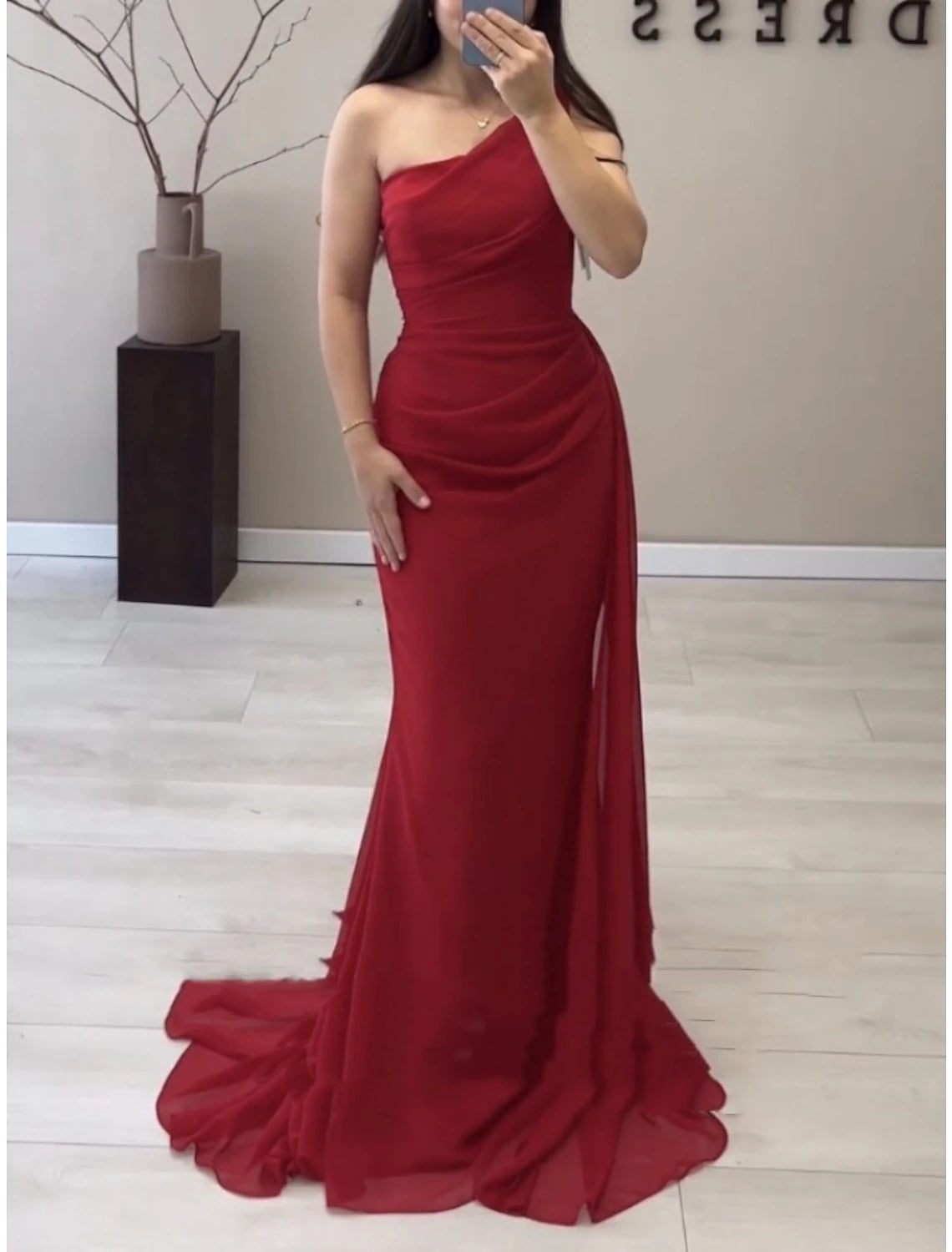 Red Chiffon One Shoulder Sheath/column Floor-Length Evening Dress with High Slit